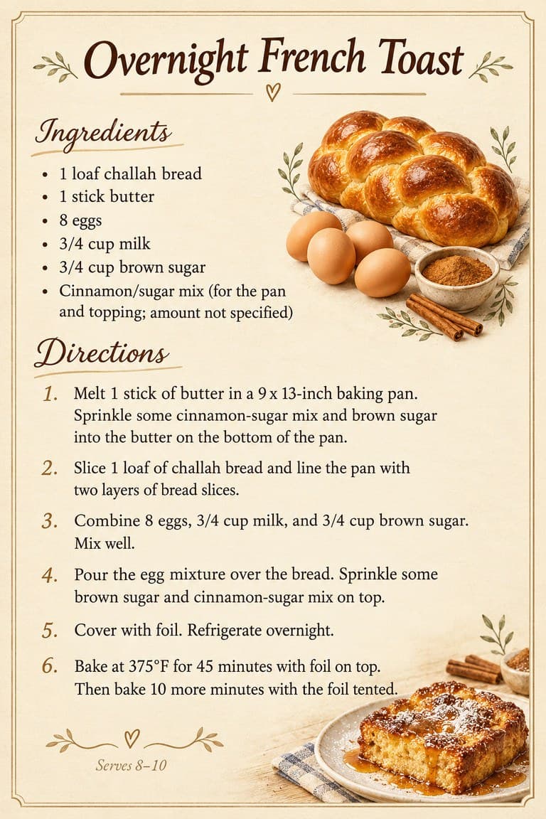 A recipe card for Overnight French Toast: challah, butter, eggs, milk, brown sugar and cinnamon sugar, soaked overnight and baked at 375°F